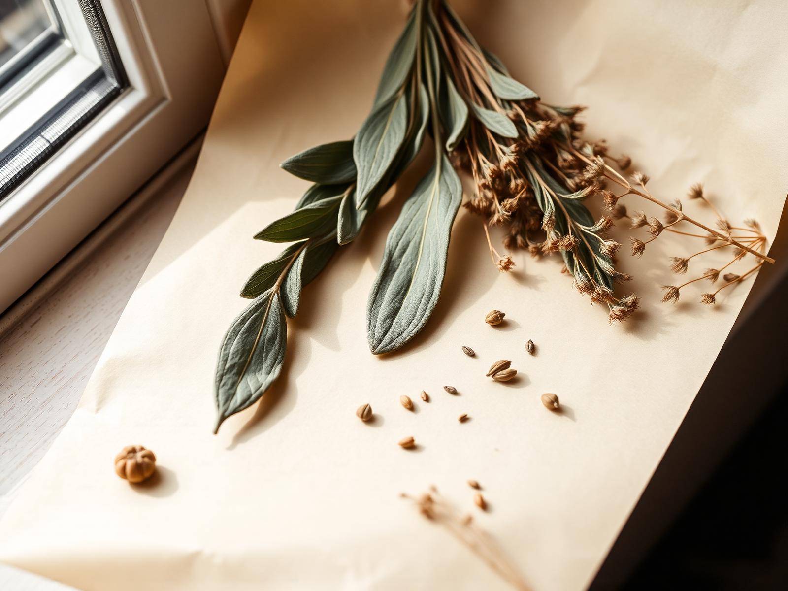 Dried sage and natural herbs on warm paper